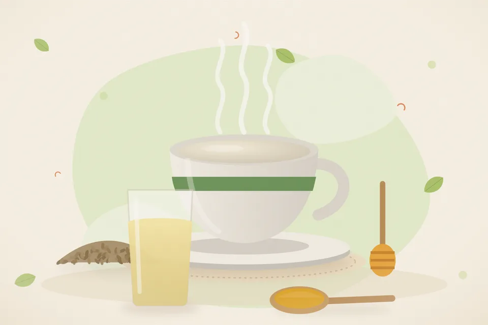 Illustrated still life with ajwain seeds, honey.