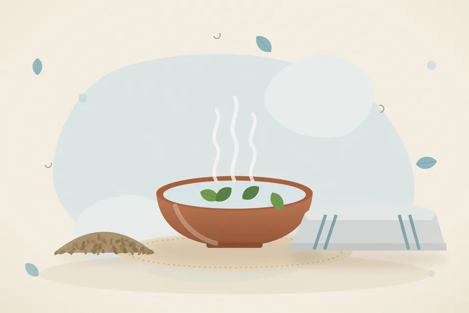 Illustrated still life with ajwain seeds, a folded cloth.