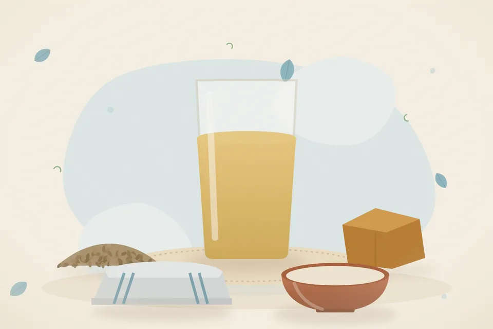 Illustrated still life with ajwain seeds, jaggery.