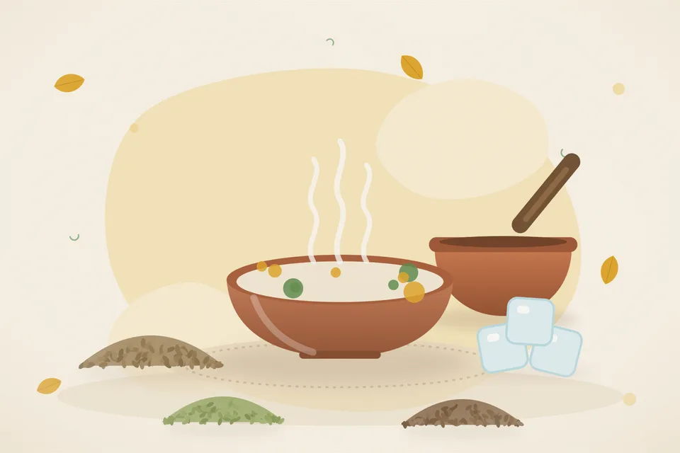 Illustrated still life with ajwain seeds, ice, fennel seeds, cumin seeds.