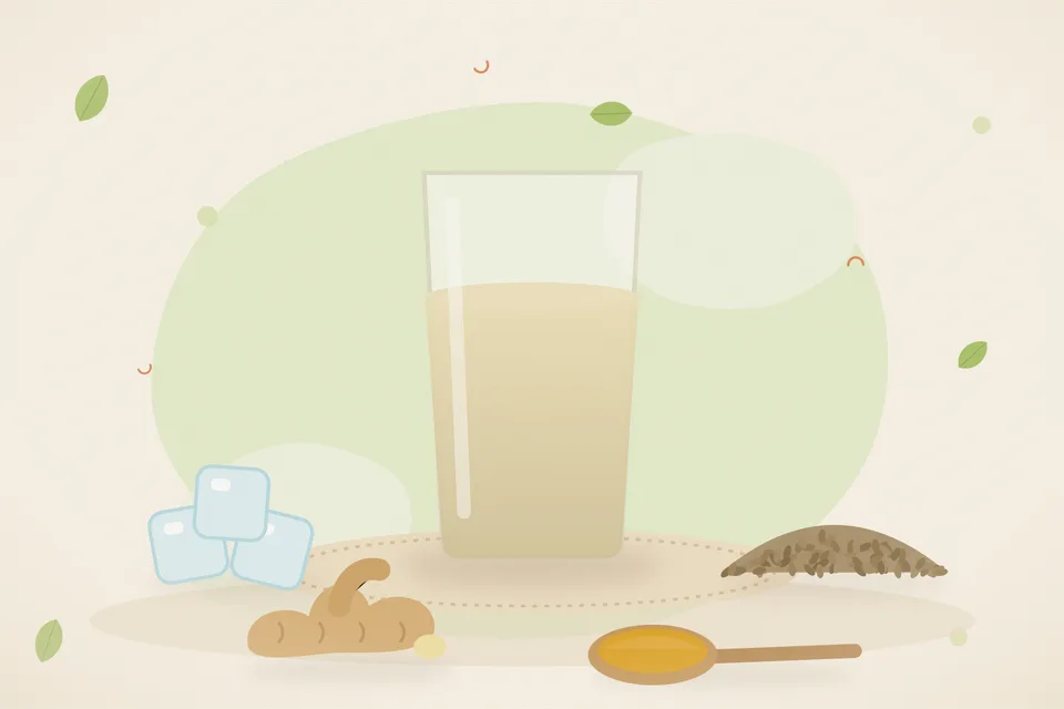 Illustrated still life with ice, ajwain seeds, fresh ginger.