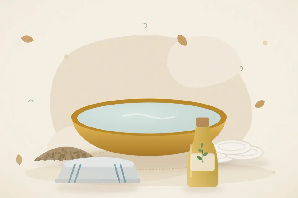 Illustrated still life with ajwain seeds, cotton pads, a folded cloth.