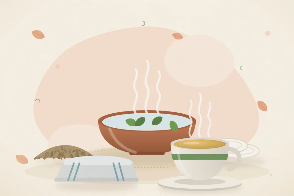 Illustrated still life with ajwain seeds, cotton pads, a folded cloth.