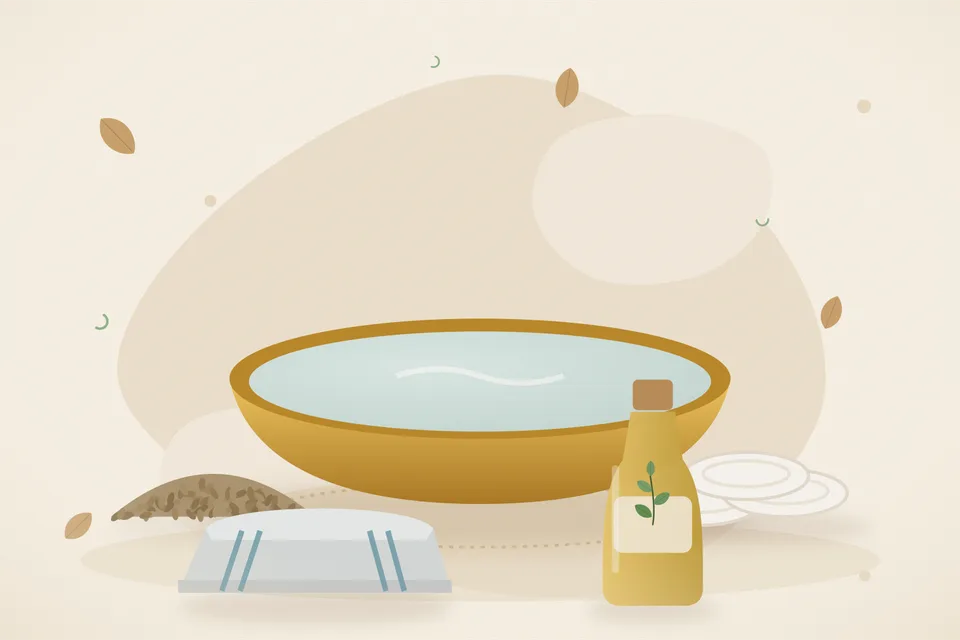 Illustrated still life with ajwain seeds, cotton pads, a folded cloth.