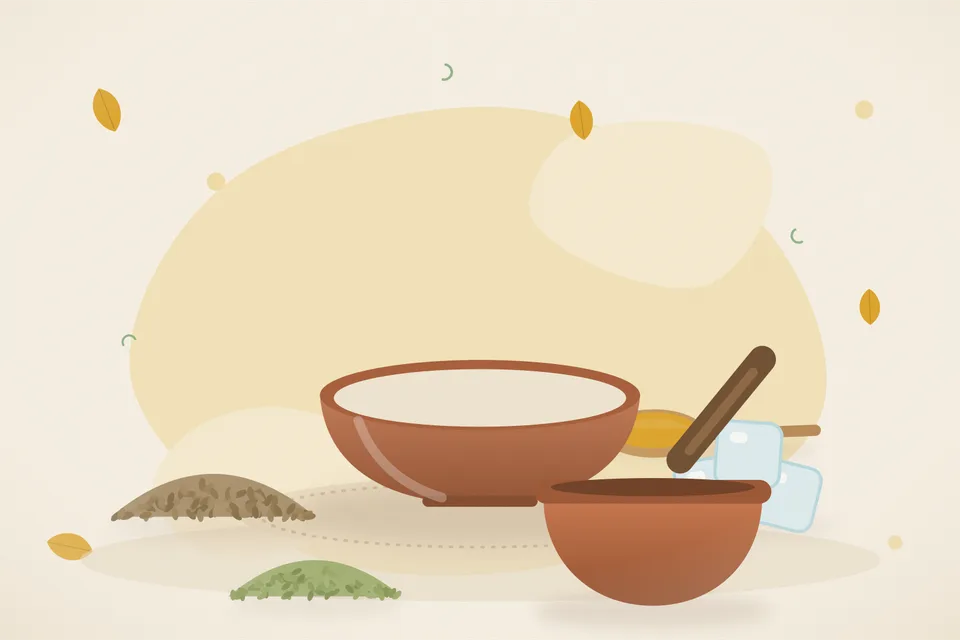 Illustrated still life with ajwain seeds, ice, fennel seeds.