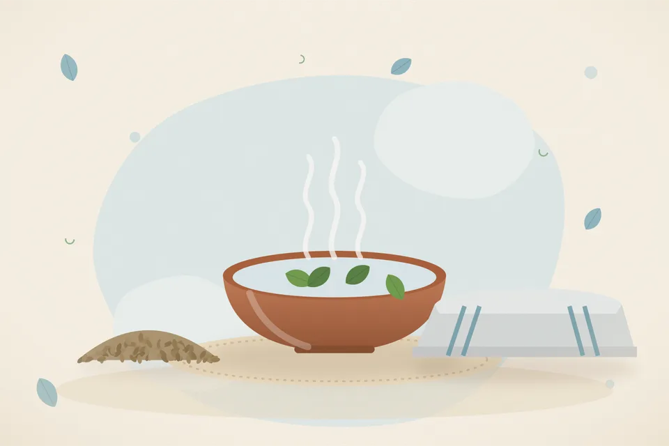 Illustrated still life with ajwain seeds, a folded cloth.