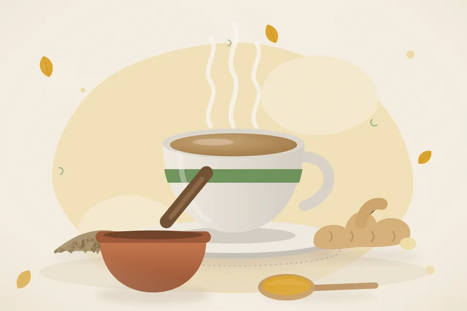Illustrated still life with ajwain seeds, fresh ginger.
