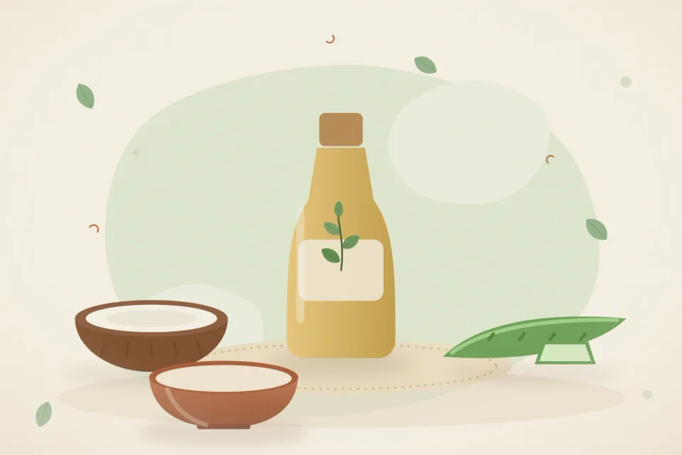 Illustrated still life with coconut, aloe vera.