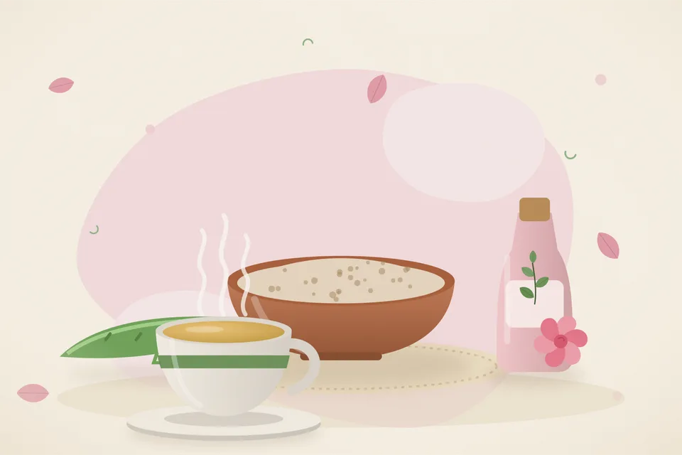 Illustrated still life with aloe vera, rose water.