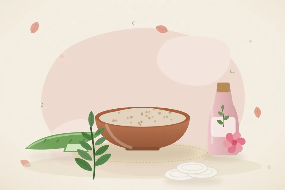Illustrated still life with aloe vera, rose water, neem leaves.