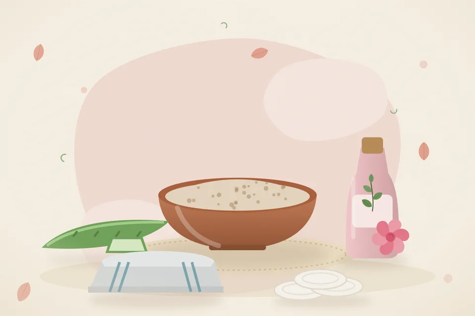 Illustrated still life with aloe vera, rose water, a folded cloth.