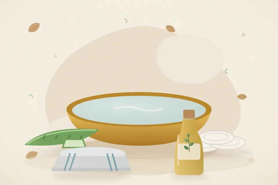 Illustrated still life with aloe vera, cotton pads, a folded cloth.