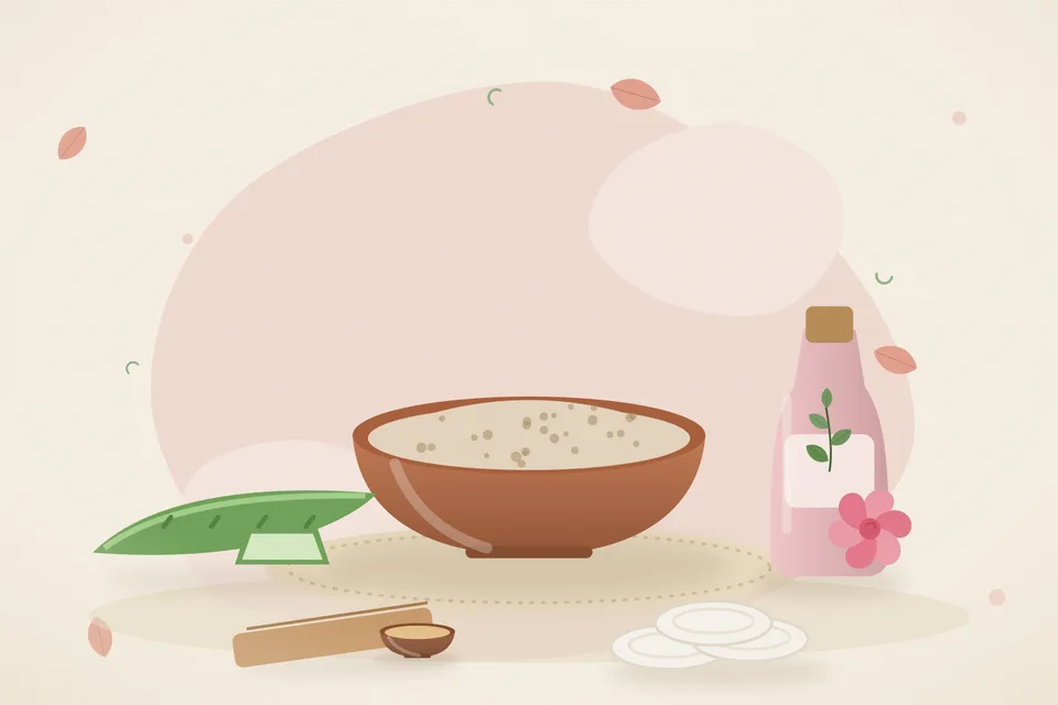 Illustrated still life with aloe vera, rose water, sandalwood.