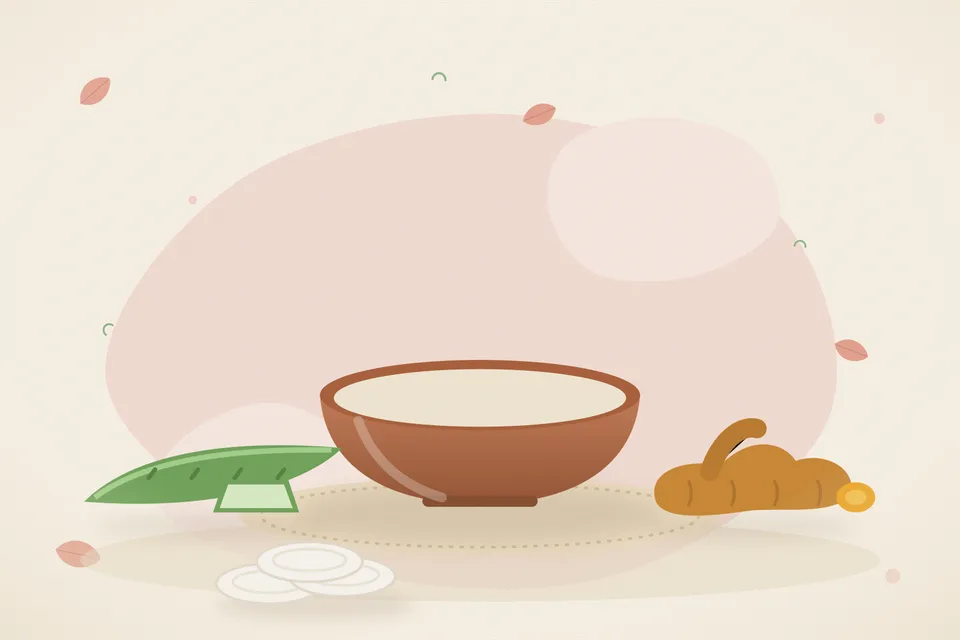Illustrated still life with aloe vera, turmeric root.