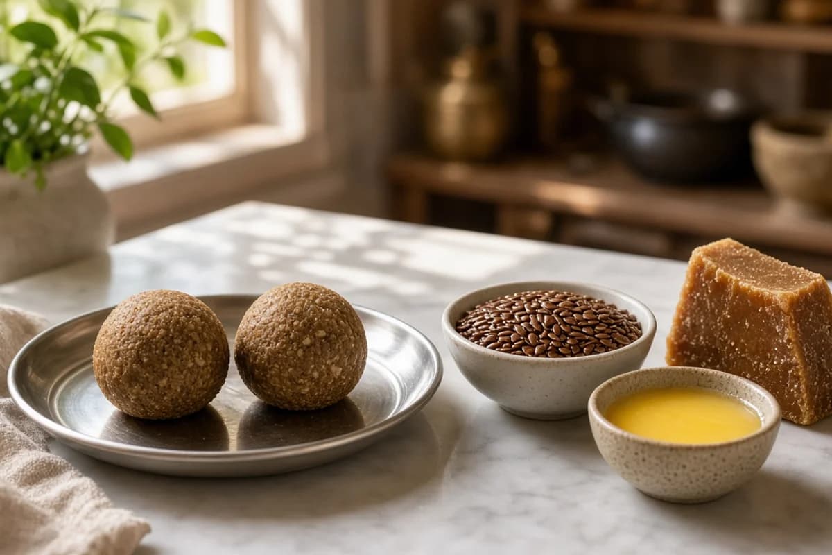 Two round brown flaxseed laddoos on a steel plate with small bowls of flaxseeds, jaggery and ghee.