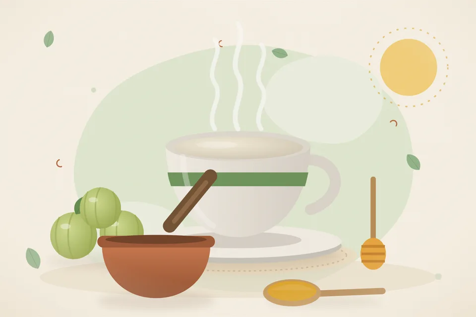 Illustrated still life with amla, honey.