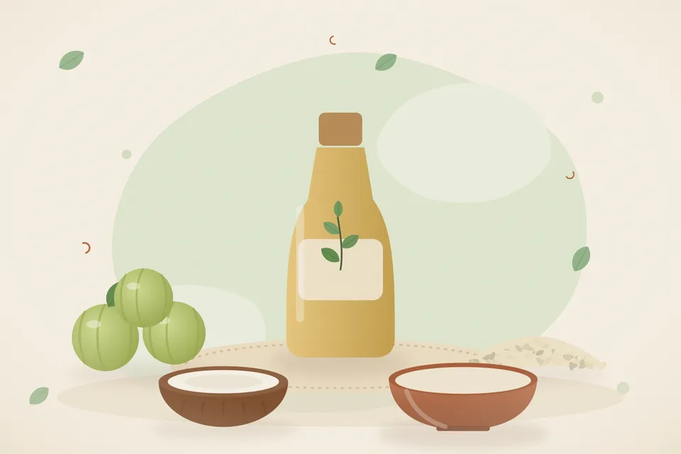 Illustrated still life with amla, sesame seeds, coconut.