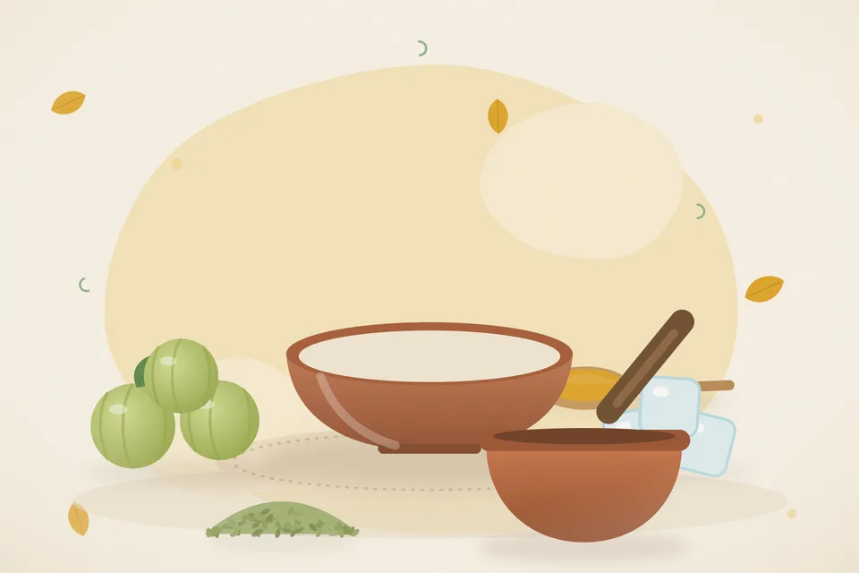Illustrated still life with amla, ice, fennel seeds.