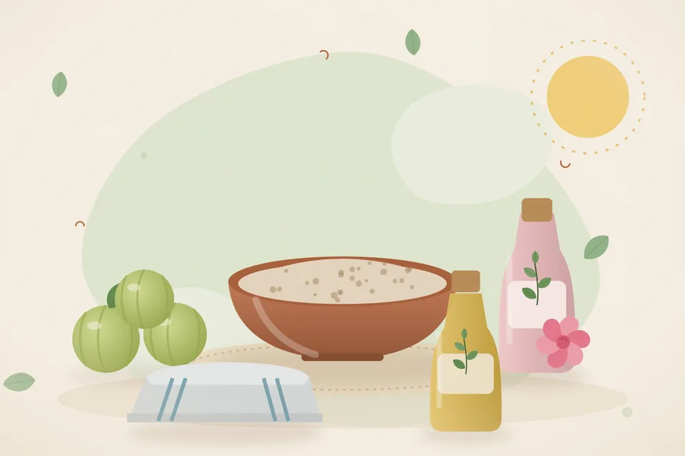 Illustrated still life with amla, rose water, a folded cloth.