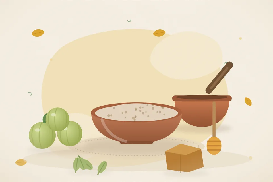 Illustrated still life with amla, honey, cardamom, jaggery.