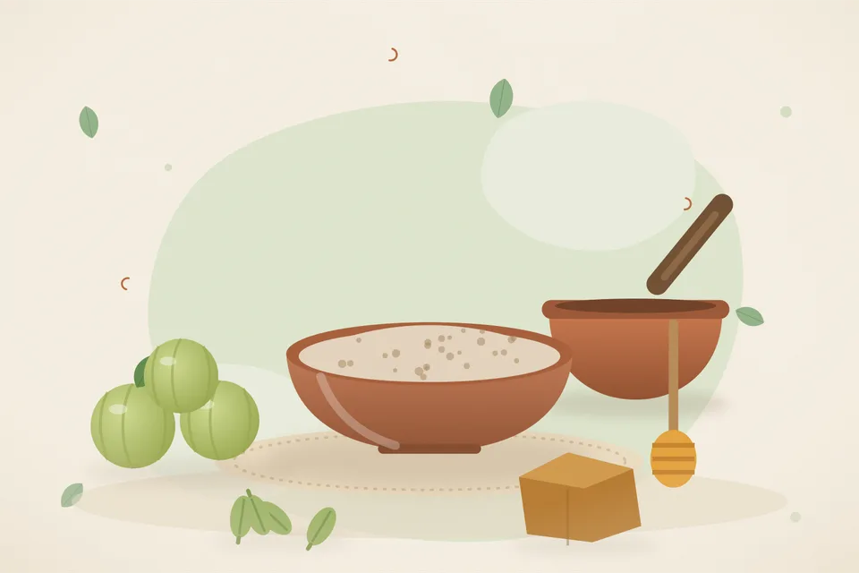 Illustrated still life with amla, honey, cardamom, jaggery.