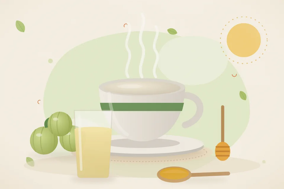Illustrated still life with amla, honey.