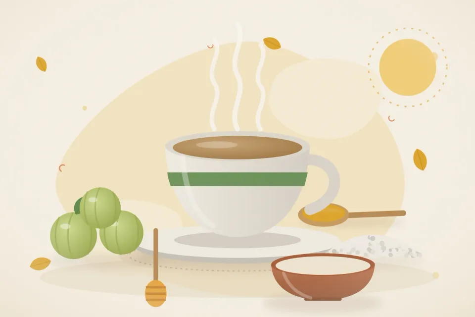 Illustrated still life with amla, rock salt, honey.