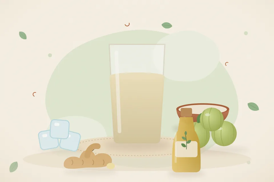 Illustrated still life with ice, amla, fresh ginger.
