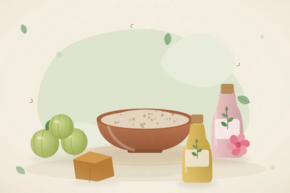 Illustrated still life with amla, rose water, jaggery.