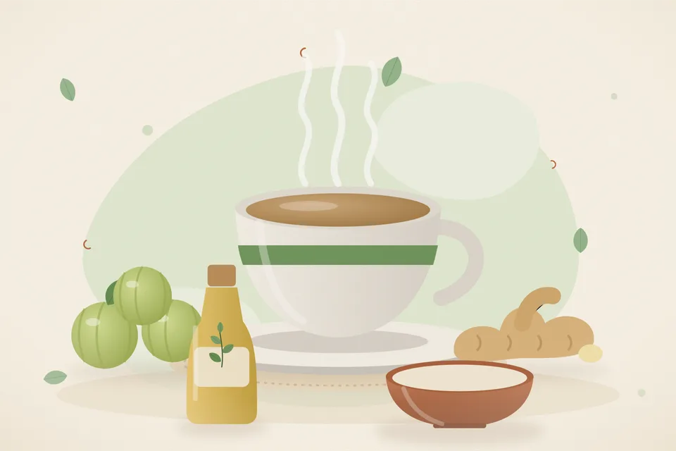 Illustrated still life with amla, fresh ginger.