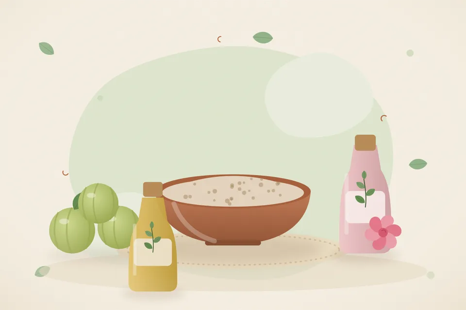 Illustrated still life with amla, rose water.
