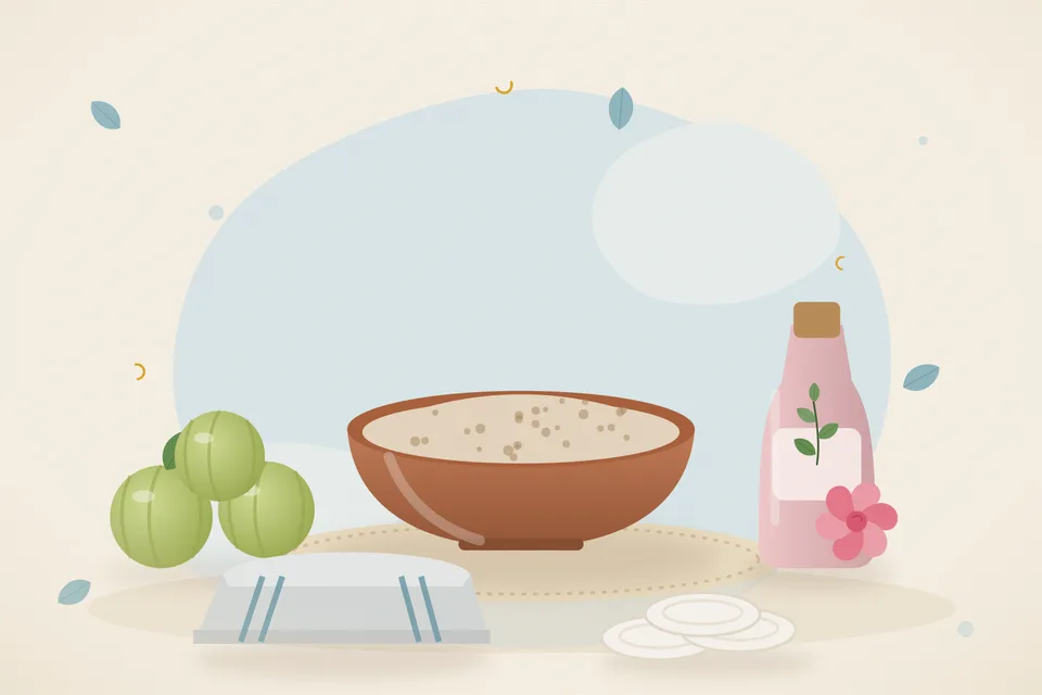 Illustrated still life with amla, rose water, a folded cloth.
