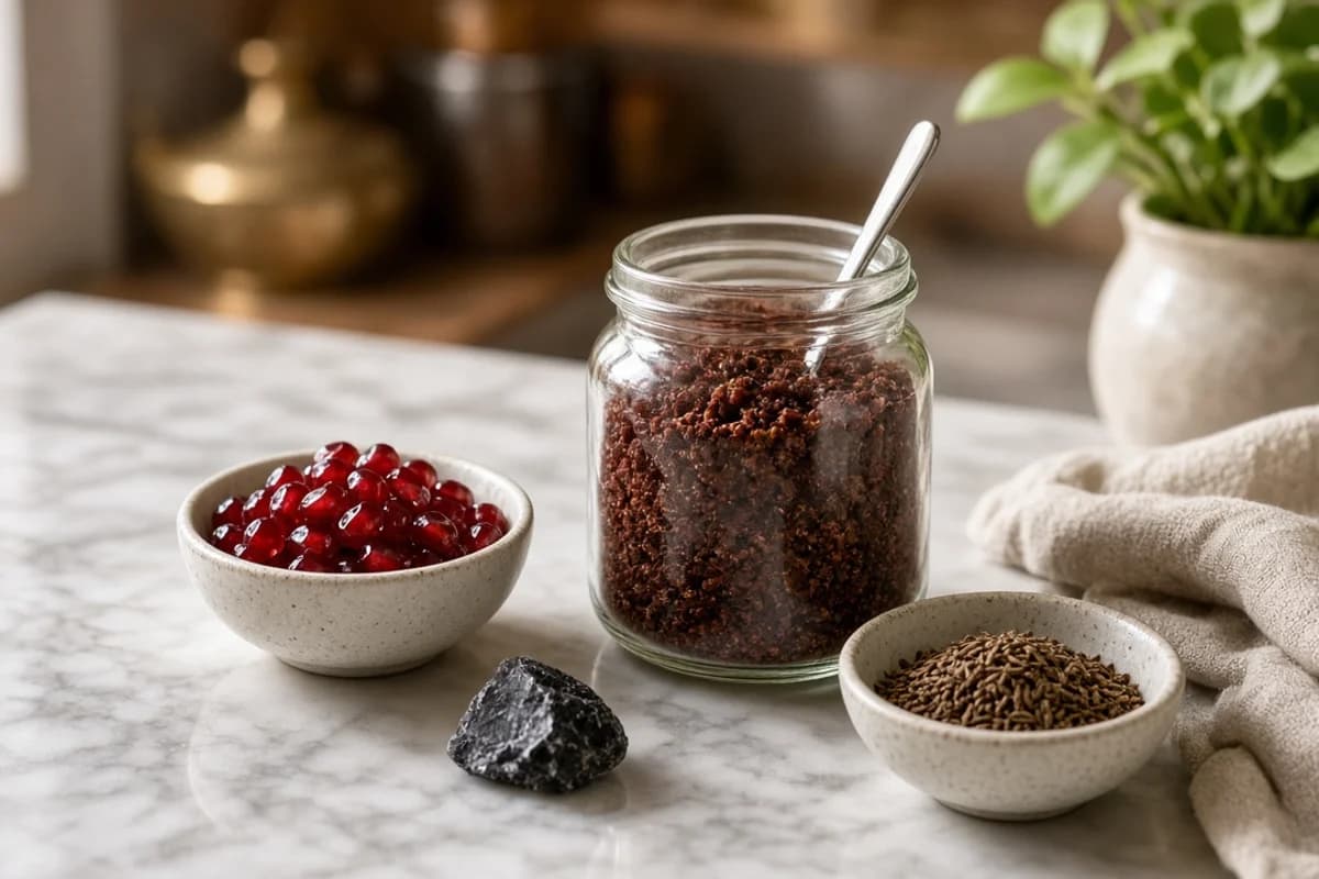 A glass jar of dark reddish churan with a spoon, bowls of pomegranate seeds and cumin, and a small piece of black salt.