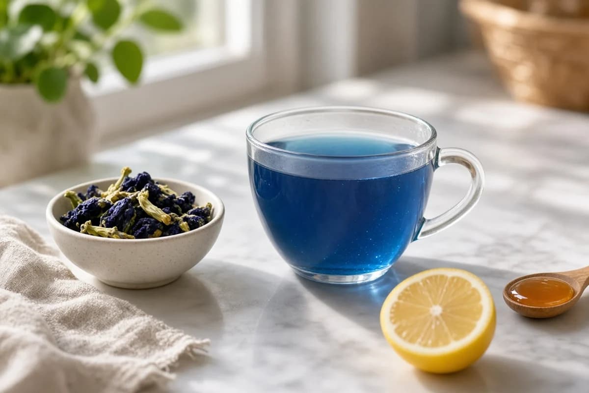 A clear glass cup of deep blue aparajita tea with a bowl of dried blue flowers, half a lemon and honey.