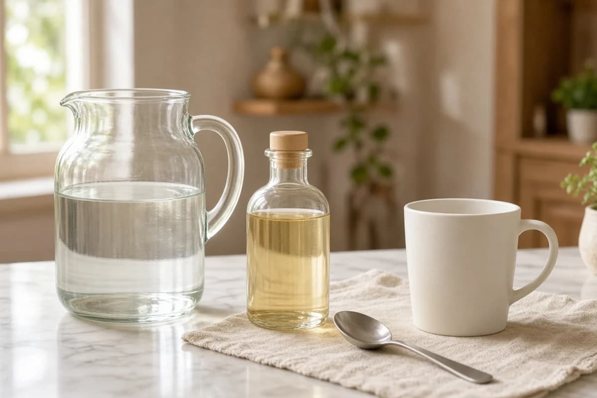 A glass pitcher of water, a small glass bottle of vinegar, a white mug and a spoon on a marble counter.