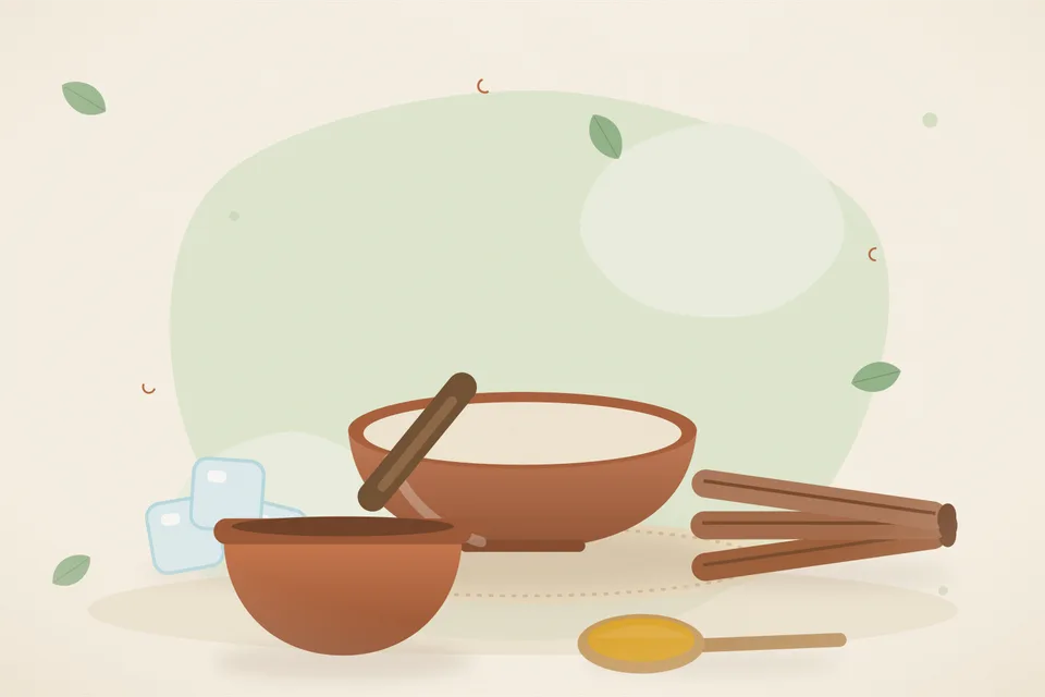 Illustrated still life with ice, cinnamon.