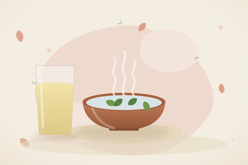 Illustrated Ayurvedic kitchen still life with a bowl, glass and traditional utensils.