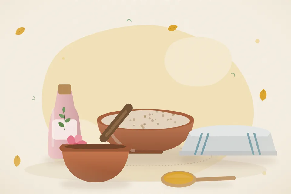 Illustrated still life with rose water, a folded cloth.