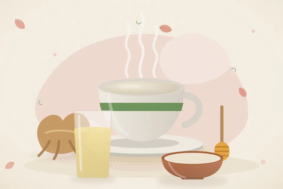 Illustrated still life with ashwagandha root, honey.