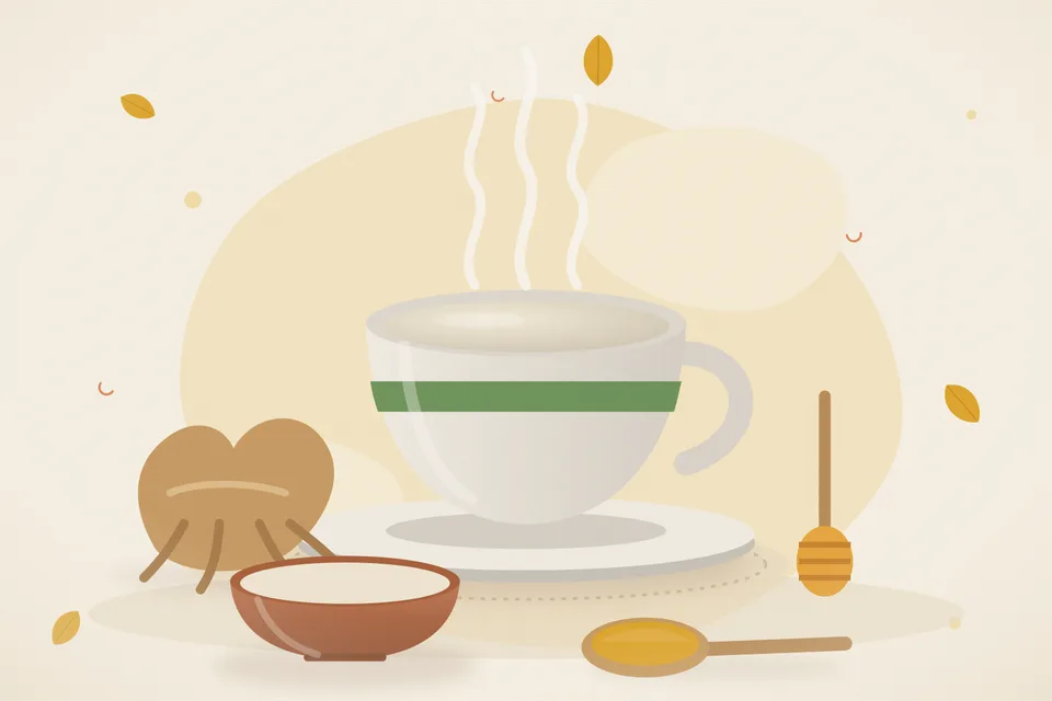 Illustrated still life with ashwagandha root, honey.