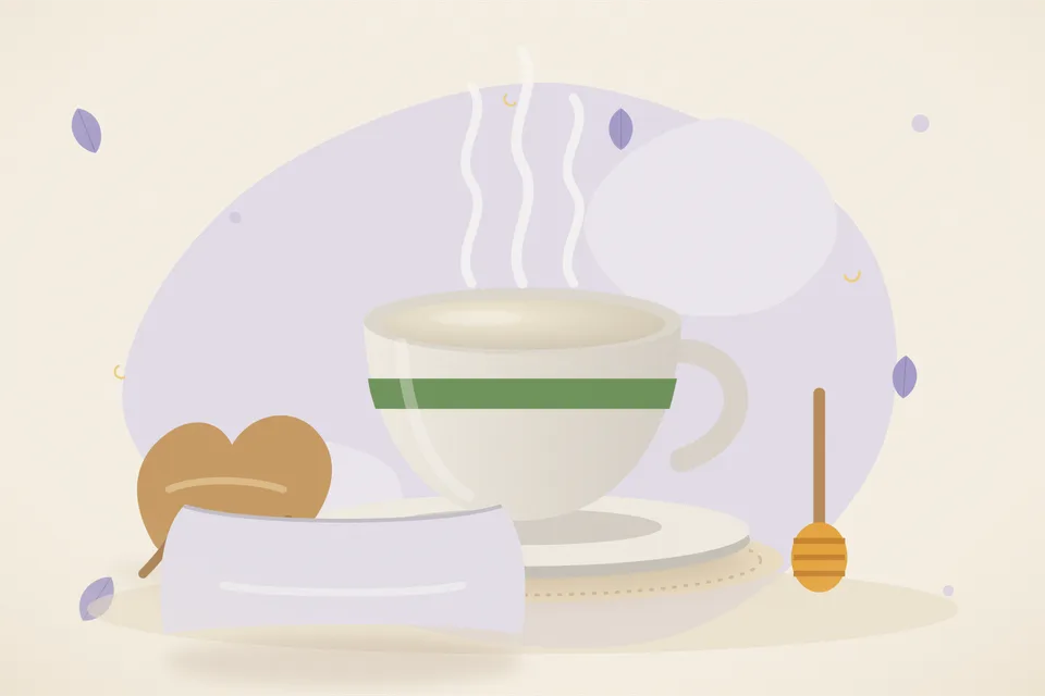 Illustrated still life with ashwagandha root, honey.