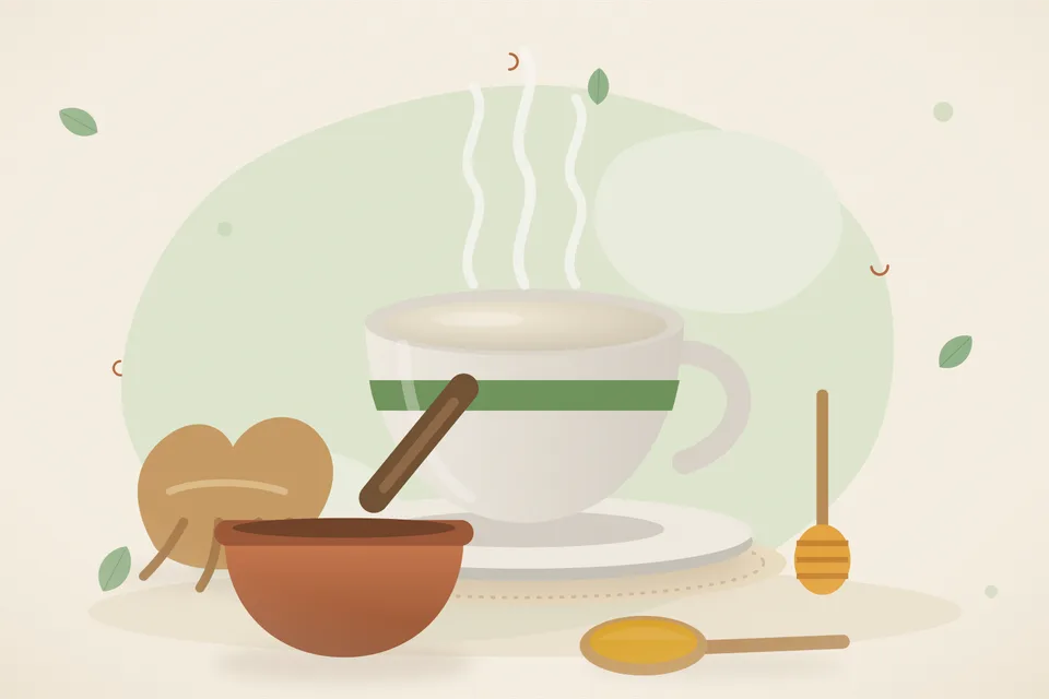 Illustrated still life with ashwagandha root, honey.