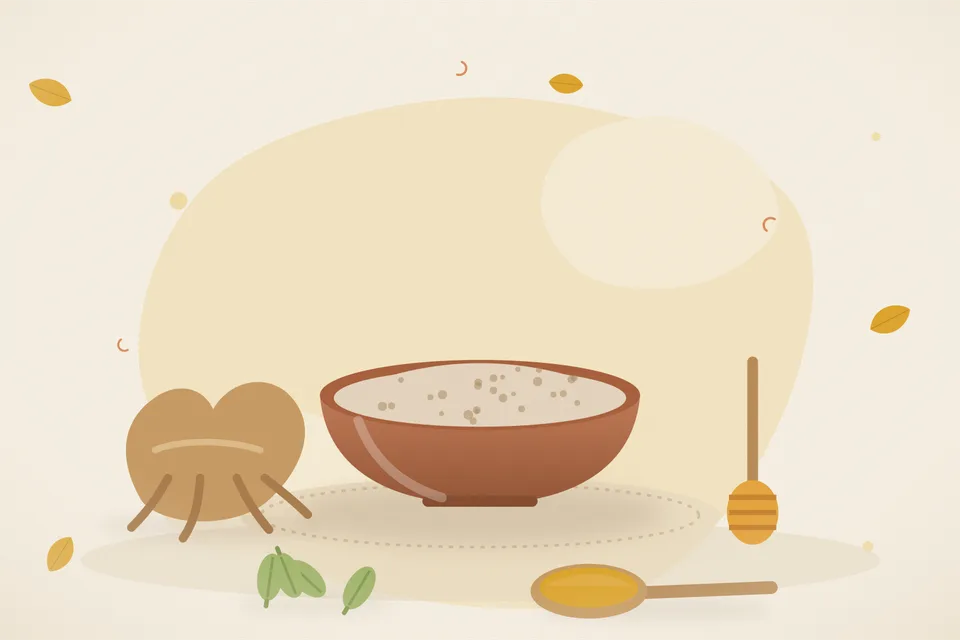 Illustrated still life with ashwagandha root, honey, cardamom.