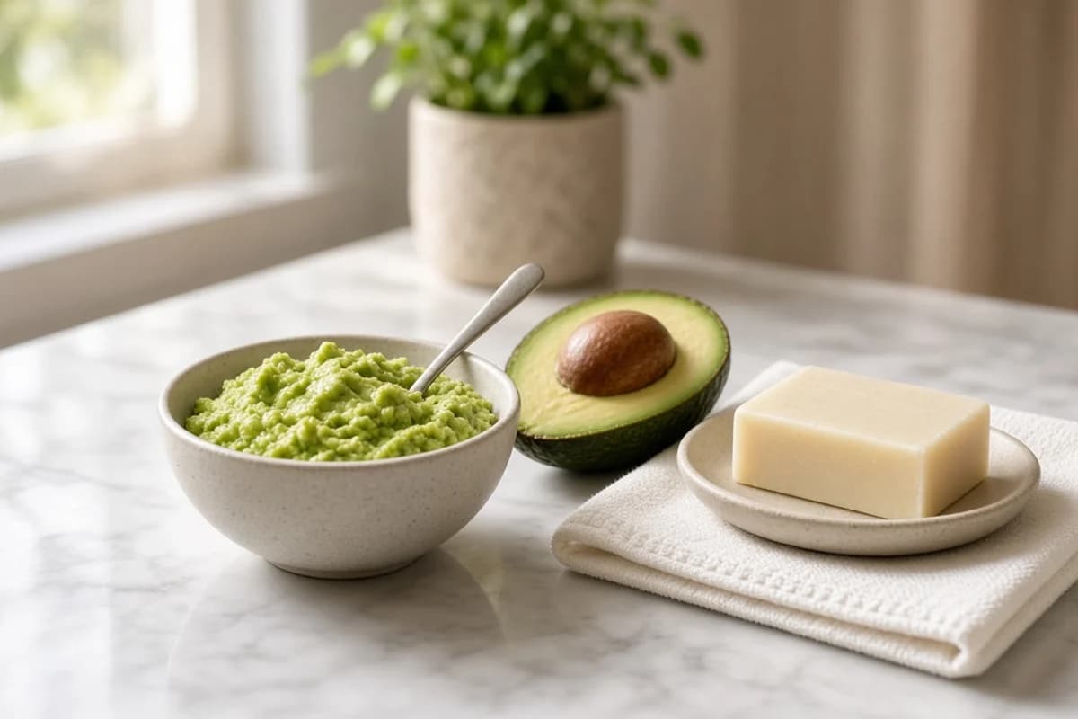 A bowl of mashed avocado with a spoon, beside half an avocado and a bar of soap on a cloth.