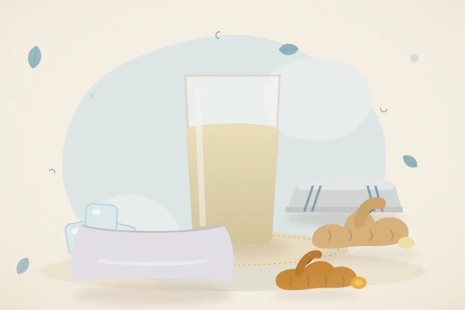 Illustrated still life with ice, fresh ginger, a soft pillow, turmeric root.