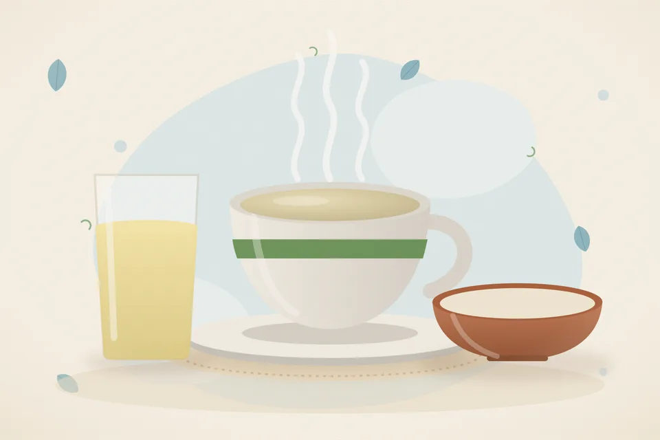 Illustrated Ayurvedic kitchen still life with a bowl, glass and traditional utensils.