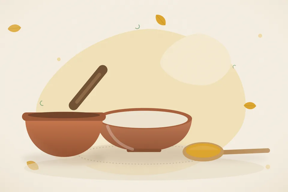 Illustrated Ayurvedic kitchen still life with a bowl, glass and traditional utensils.