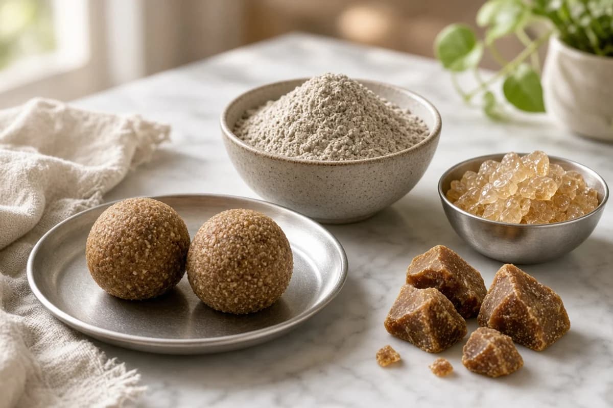 Two round brown bajra laddoos on a steel plate with bowls of flour, gond and jaggery lumps.