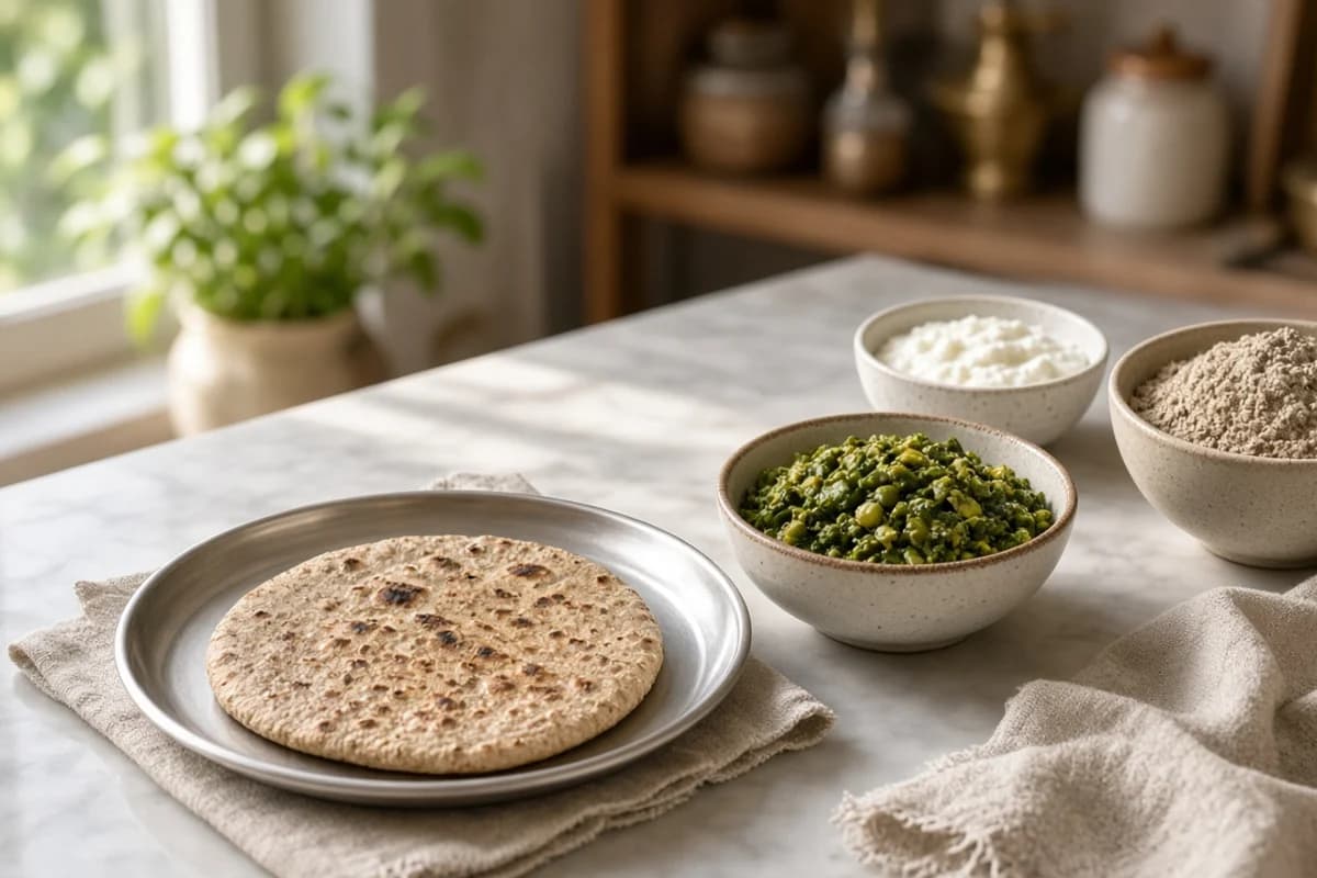 A bajra roti on a plate beside a bowl of green sabzi, a bowl of curd and a bowl of flour.