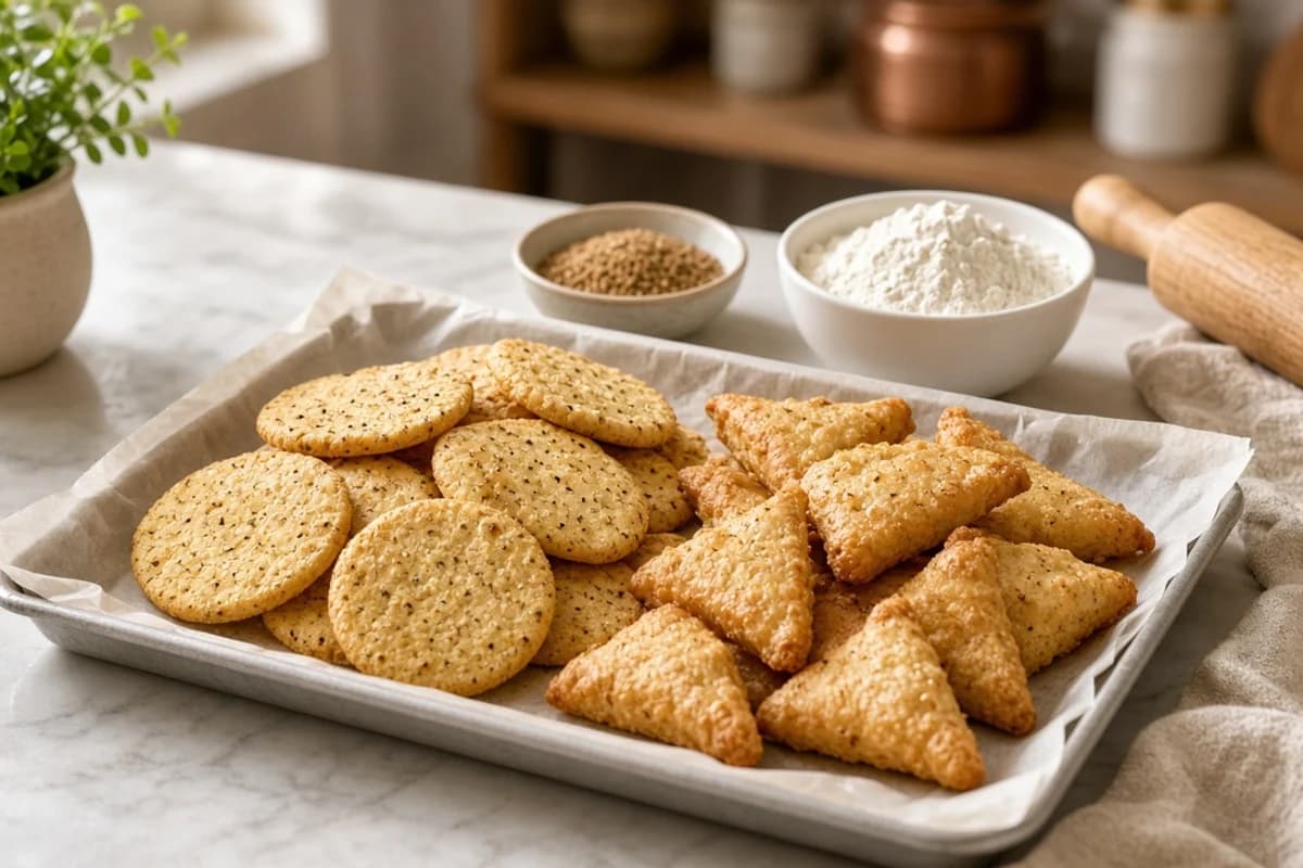 A baking tray of golden round mathri and diamond-shaped shakarpara, with a rolling pin and bowls of ajwain and flour.